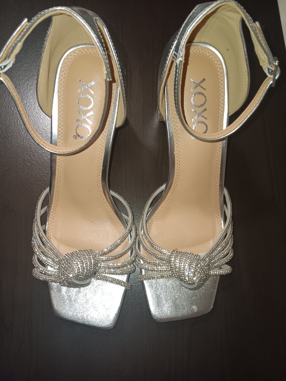 XOXO Silver Knotted Ankle-Strap Heels